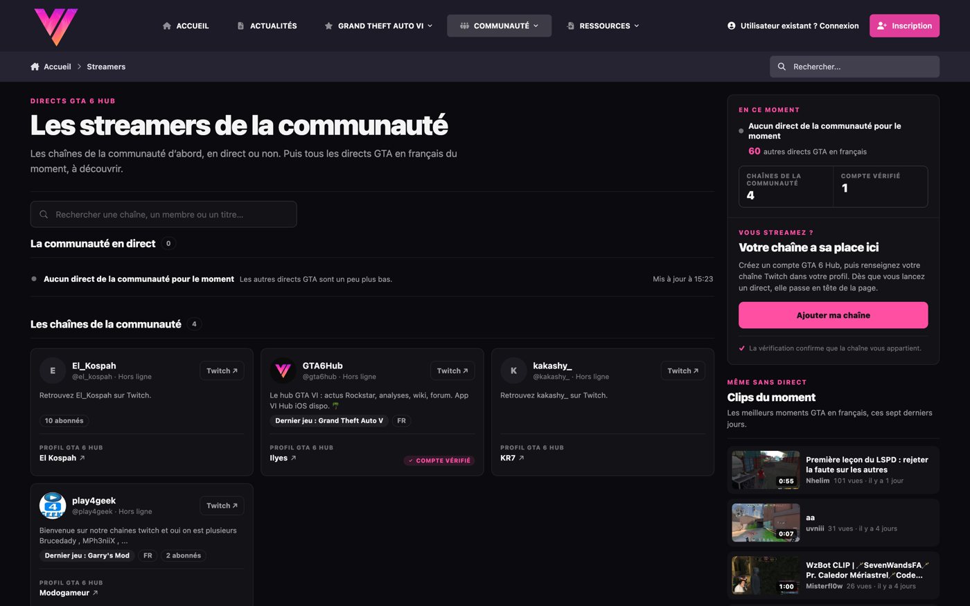 Page des streamers de la communauté