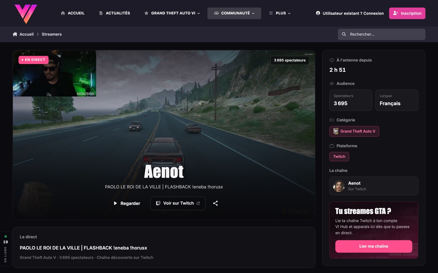 Page des streamers de la communauté