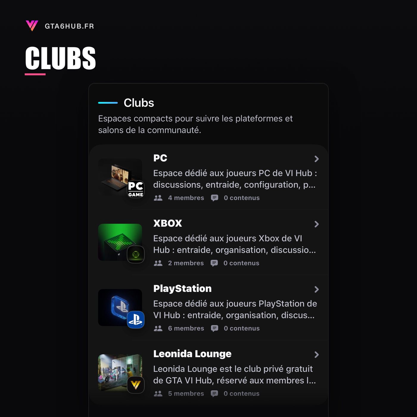 Application VI Hub, clubs