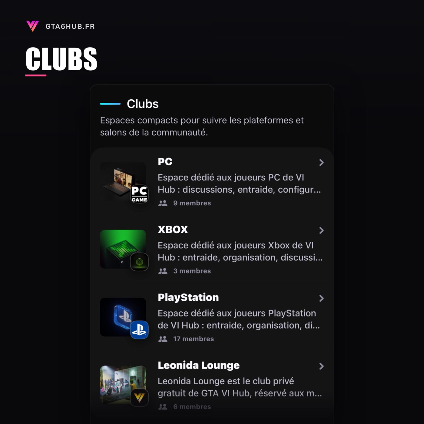 Application VI Hub, clubs